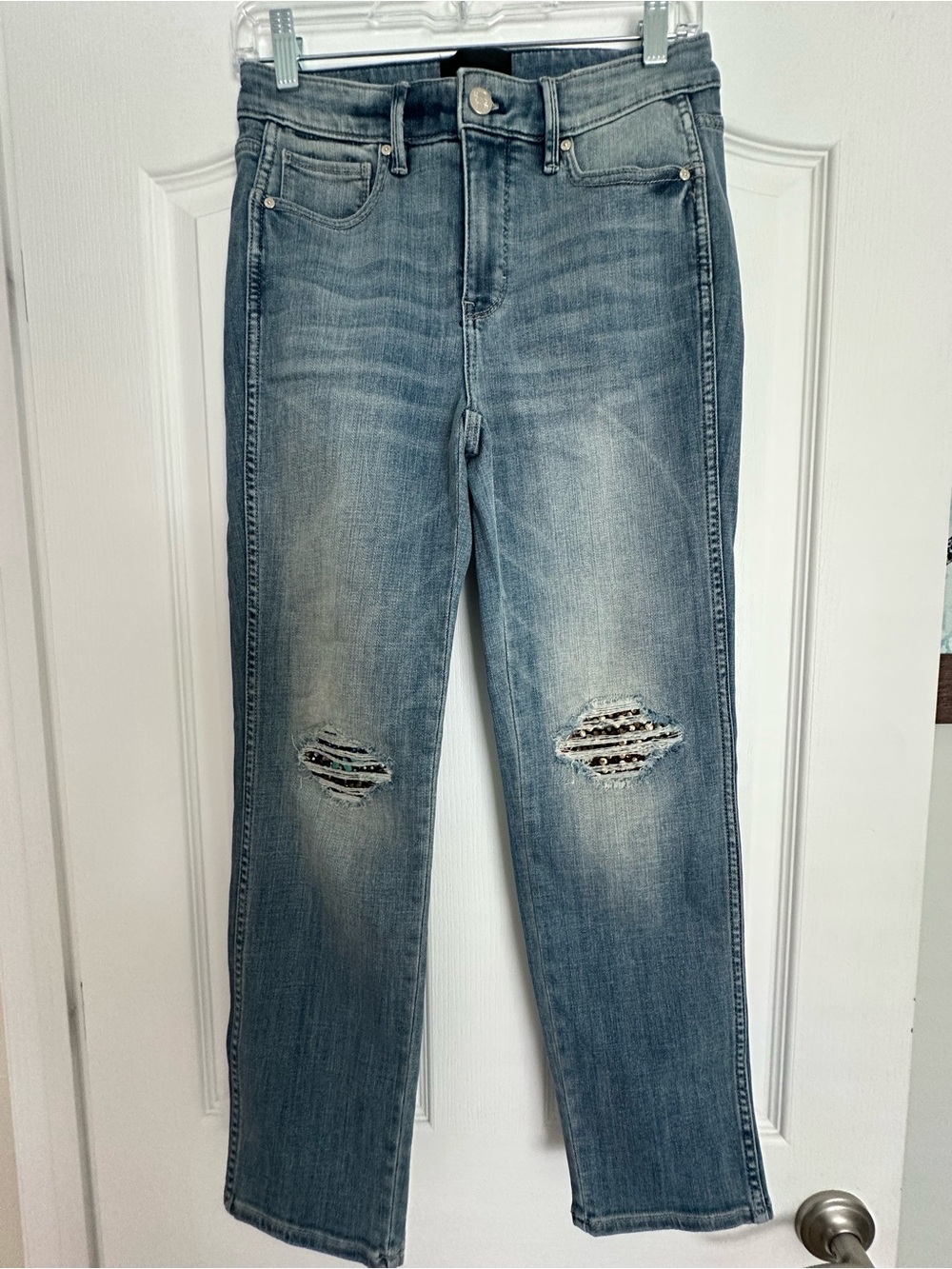 WHBM NWOT Distressed Jeweled High-Rise Straight Jeans. STUNNING!